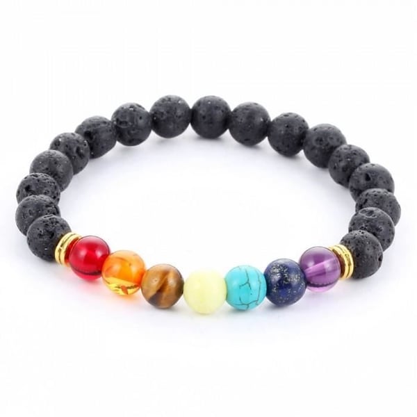 Armband - 7 Chakra - Lavasten - 8mm pärlor - Längd 19cm - Justerbar