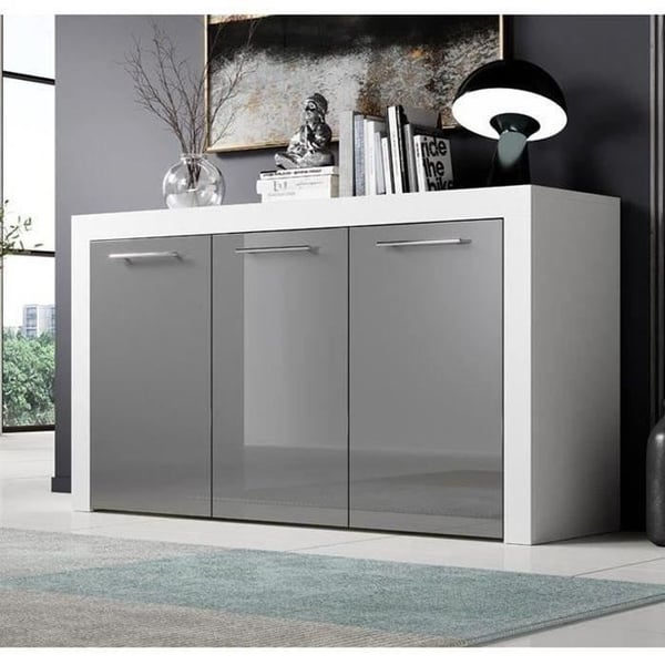 NELIA - Låg modern skänk - 3 räfflade dörrar glänsande grå - Vit - 144x80x42 cm