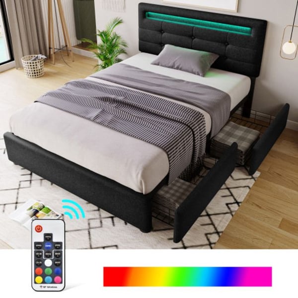 Sengestel - MUVOE - 90x200 cm - Sort - LED-belysning - 2 skuffer