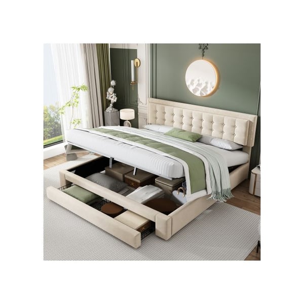 Säng med förvaring och lådor - MUVOE - 180 x 200 cm - Sammetstyg - Beige - Moderna design