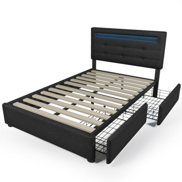 Sengestel - MUVOE - 90x200 cm - Sort - LED-belysning - 2 skuffer