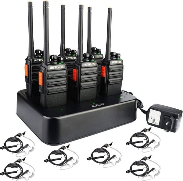Retevis RT24V Freenet, professionell PMR446 walkie talkie med 6-vägs laddare, 6 kanaler för skola, byggarbetsplatstransport (6 stycken)