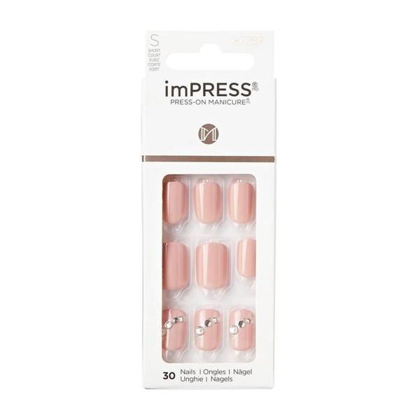 KISS imPRESS Crystal Blossom Paket med 30 självhäftande naglar - Snabb och enkel manikyr - Längd S - Rosa
