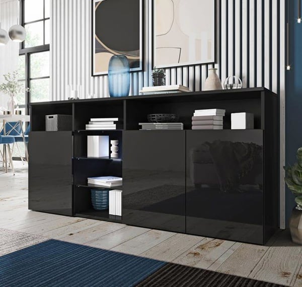 DESIGN AMEUBLEMENT - Modernt lågskåp - Högblank svart - 3 dörrar, LED - 150x35x72 cm