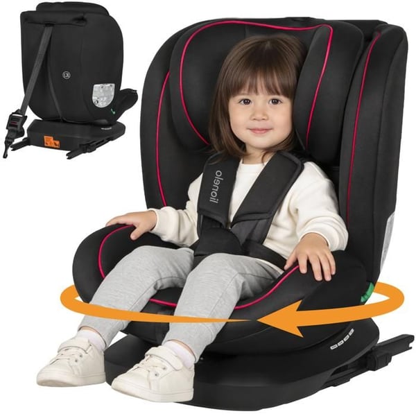 Bilbarnstol 360° LIONELO Bastiaan i-Size - Svängbar bas - ISOFIX - 40-150 cm - 0 till 12 år - Lutbar - Grupp 0/1/2/3 - Svart/Röd