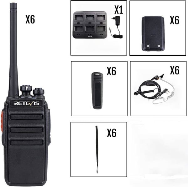 Retevis RT24V Freenet, professionell PMR446 walkie talkie med 6-vägs laddare, 6 kanaler för skola, byggarbetsplatstransport (6 stycken)