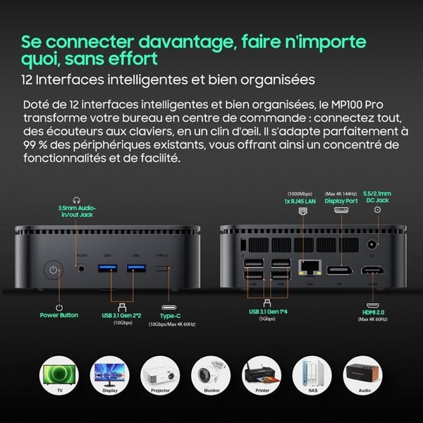 Mini PC Blackview MP100 Pro Intel®Alder Lake I5-12450H 4.4GHz Max 16 GB 512 GB/SSD 4 TB, Windows 11 Pro, Wifi 6, 4K UHD 144 Hz - Grå