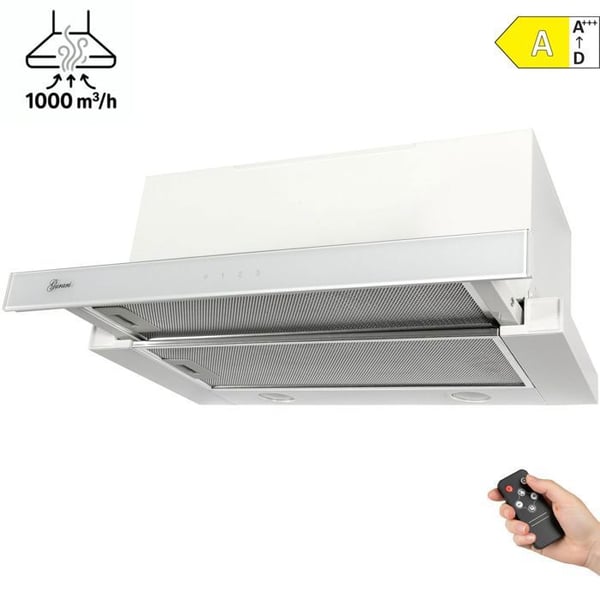 GURARI Utdragbar teleskopisk fläkt GCH 117 WH Prime • Inbyggd fläkt 60 cm • Integrerad filtreringsgrupp Vit glas • 1000m³/h