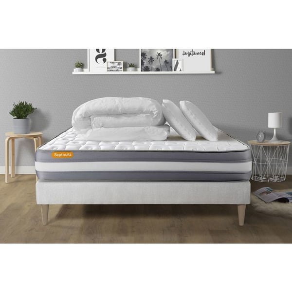 Sängset sängram madrass 140x200 Memo plus minnesskum - 24 cm - Fast - sängram kit vit + 2 kuddar + täcke