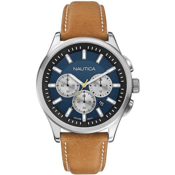 Klocka - Nautica - A16695G - Kvarts - Blå urtavla - Brun läderarmband - WR 100mt