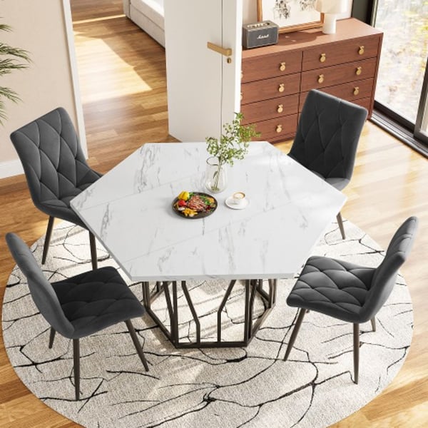 Spisebordsæt - Moderne - Hexagonal marmor bord - 4 stole i grå fløjl - 5 dele