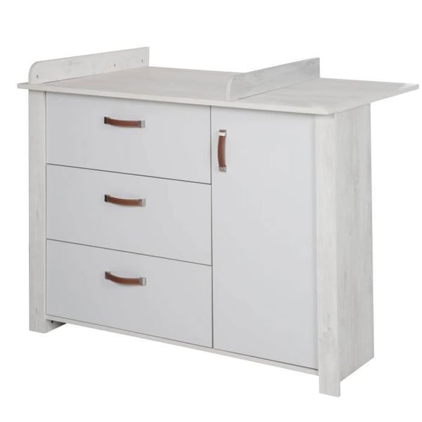 Commode med Skötbord ROBA Mila - 3 Lådor + 1 Dörr - Handtag i Konstläder - Ljusgrå / Vitlackerad Ek