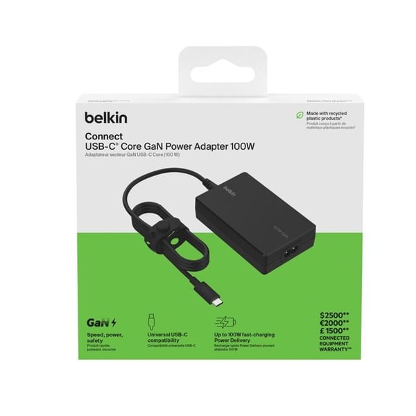 Belkin Core GaN 100W väggadapter med 2,5 m USB-C-kabel Svart