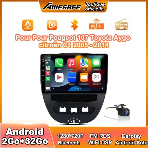 AWESAFE Bilradio Android 13 för Peugeot 107 Toyota Aygo Citroën C1 (2Go+32Go) 10'' Skärm Carplay Android Auto Backkamera