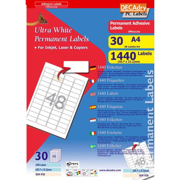 Förpackning 30 x 48 Etiketter (45.7x21.2mm)