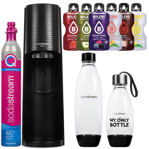 Kolsyratervatten - SodaStream - Terra Black - 2 flaskor - 6 smaker - Quick Connect cylinder