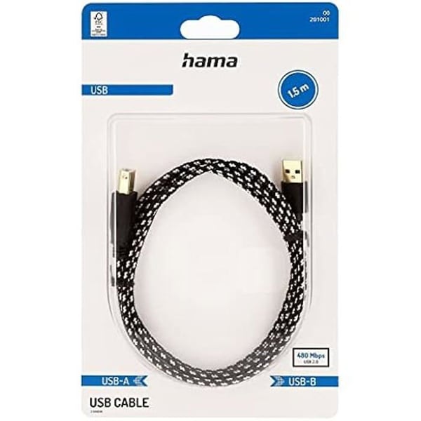 USB-kabel - HAMA - A-hane till B-hane - 1,50 m - 480 Mbit/s - Textile flätad