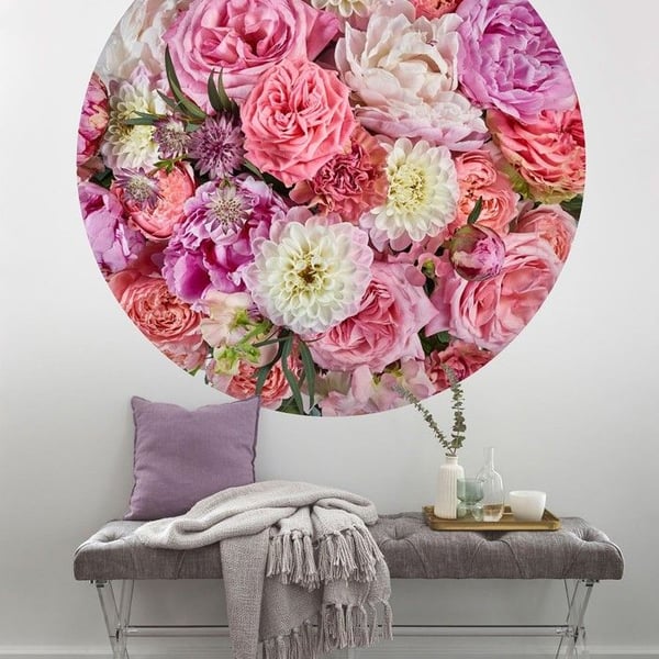 rund panorama självhäftande tapet rosa blommor - Ø 125 cm - 611807