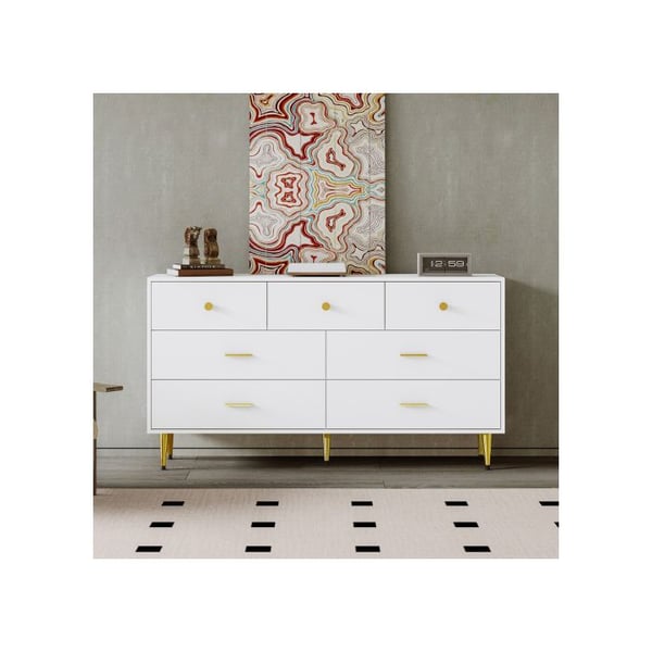 Buffet - MUVOE - 7 skuffer - Hvid - 140x35x76 cm - Gyldne håndtag