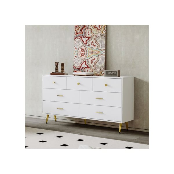 Buffet - MUVOE - 7 skuffer - Hvid - 140x35x76 cm - Gyldne håndtag