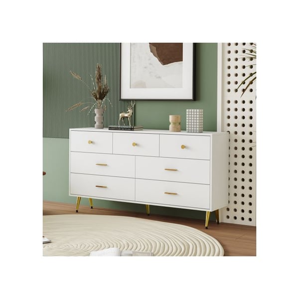 Buffet - MUVOE - 7 skuffer - Hvid - 140x35x76 cm - Gyldne håndtag