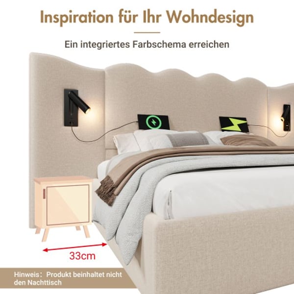 Seng - MUVOE - 160x200 - Beige - Hydraulisk opbevaring - USB-C oplader