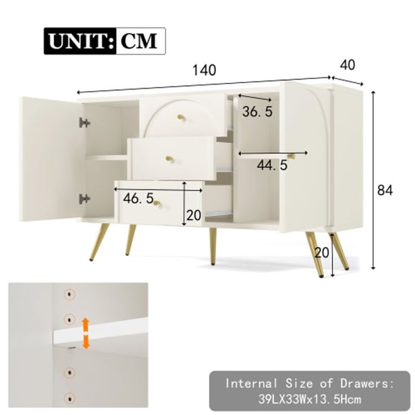 Kommodes - MUVOE - 2 dörrar - 3 lådor - Vit - Kräm - H84/B140/T40 cm