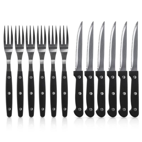 Steak- och hamburgarbestick - BBQ - 12 delar - Sågtandad blad - Svart handtag - Rostfritt stål - 21 cm kniv