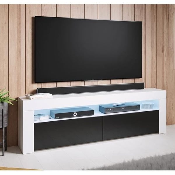 DESIGN AMEUBLEMENT - Modernt TV-möbel - Blank melamin - LED 16 färger - Vit/Svart - 2 dörrar - 140x50,5x35 cm