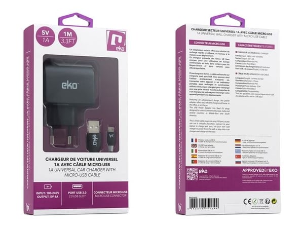 USB-A 5W nätadapter och 1m Micro-USB-kabel svart
