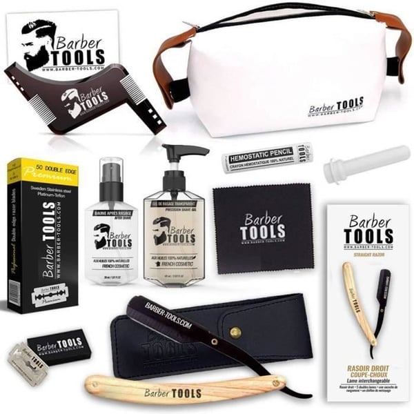 Rakhyssats - BARBER TOOLS - Rakkniv - 40 dubbla blad - Rakhygel - Efterbehandlingsbalsam