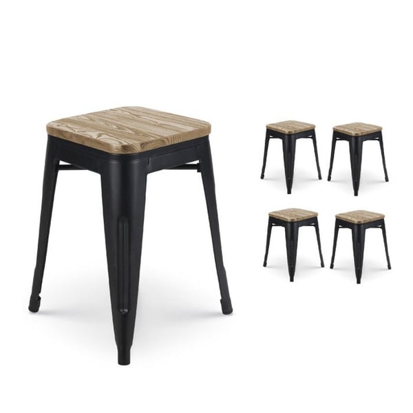 Paket med 4 svarta matta metallpallar i industriell stil och sits i ljust trä - Höjd 46 cm