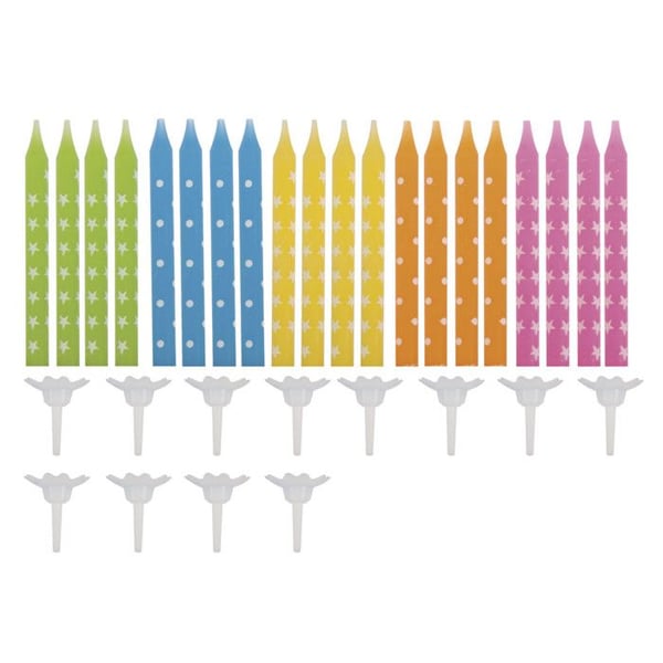 Födelsedagsljus med fästen, sjunkande, färgade, 6,4 cm, 20 ljus, 12 fästen. 1 Set