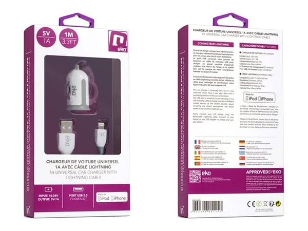 Pack Biladapter 1A med Lightning MFi-kabel 1m Vit