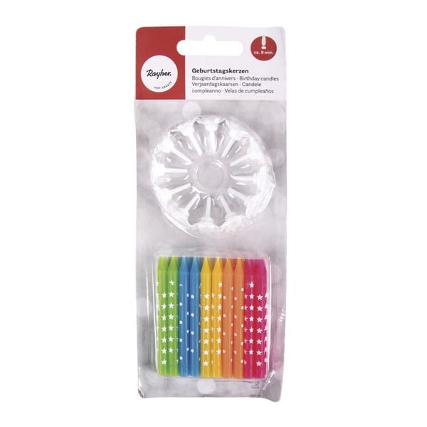Födelsedagsljus med fästen, sjunkande, färgade, 6,4 cm, 20 ljus, 12 fästen. 1 Set