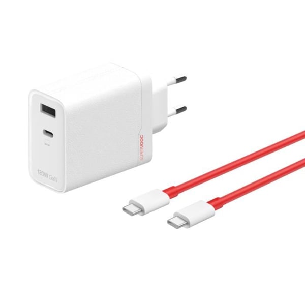 OnePlus SUPERVOOC 120 W Snabbladdare USB-C med dubbla portar och vit kabel