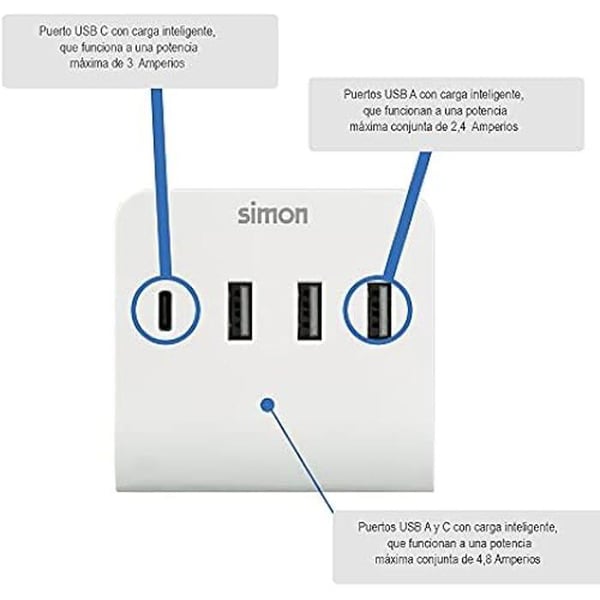 USB-adapter - SIMON - Flerfacks laddare - 4 USB-portar (3 A + 1 C) - 4,8 A - Kompakt