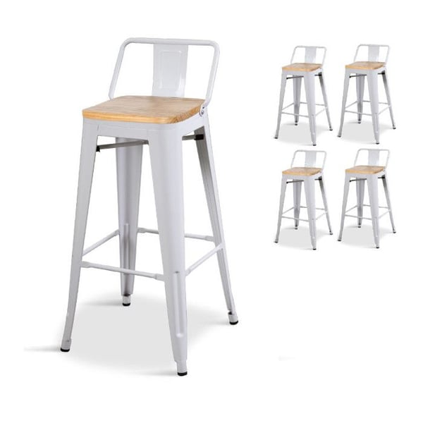 Set med 4 vita metallbarstolar i industriell stil med ryggstöd och sits i ljust trä - Höjd 76 cm