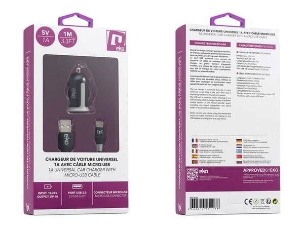 Pack biladapter 1A med Micro-USB-kabel 1m svart