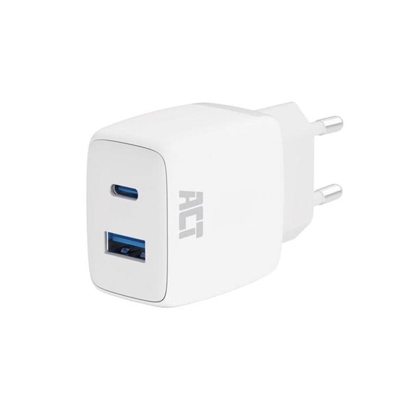 ACT USB-C & USB-A-laddare, 20 W, idealisk för att ladda två enheter samtidigt, Power Delivery PPS, Quick Charge 3.0, GaNFast,