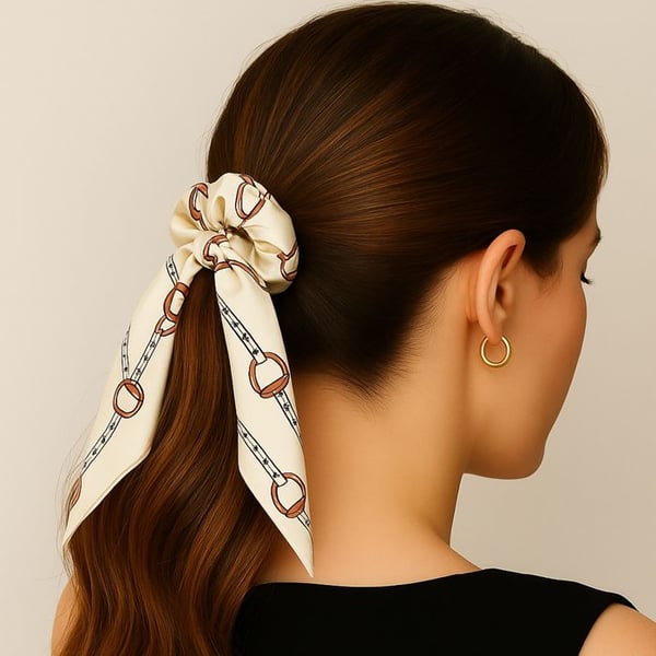 Chouchou Foulard - AVIZAR - Satintryckt Barock - Vit - Lyx - Elegans