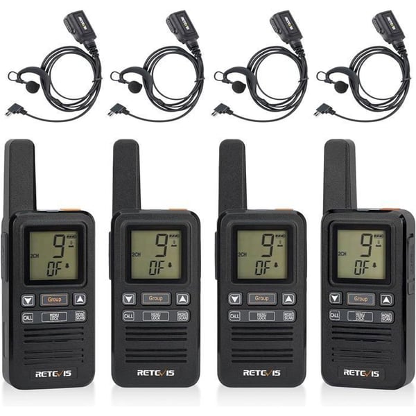 Retevis RB667 Uppladdningsbar Walkie Talkie Vuxen, 1600mAh, PMR446 gruppsamtal, VOX Squelch, Headset, för restaurang (4 st)