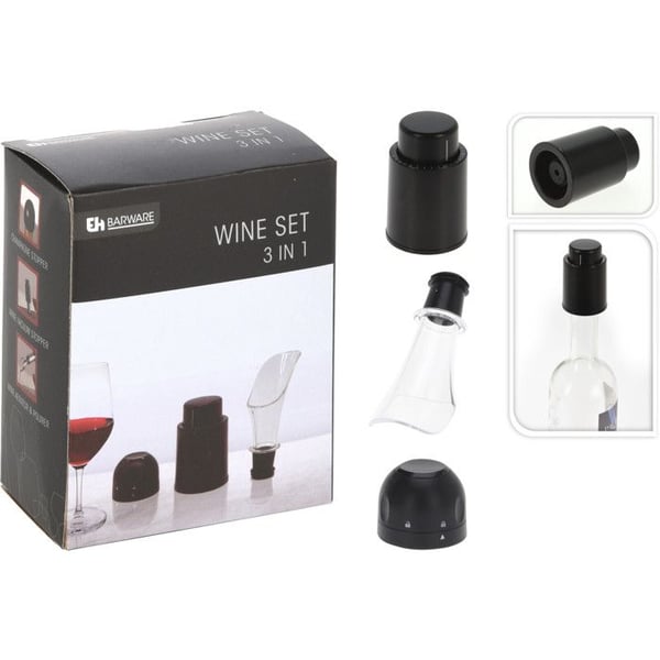 Tillbehör för vin och champagne - BARMAN - Set 3in1 - Lufttät kork - Tratt - Svart plast