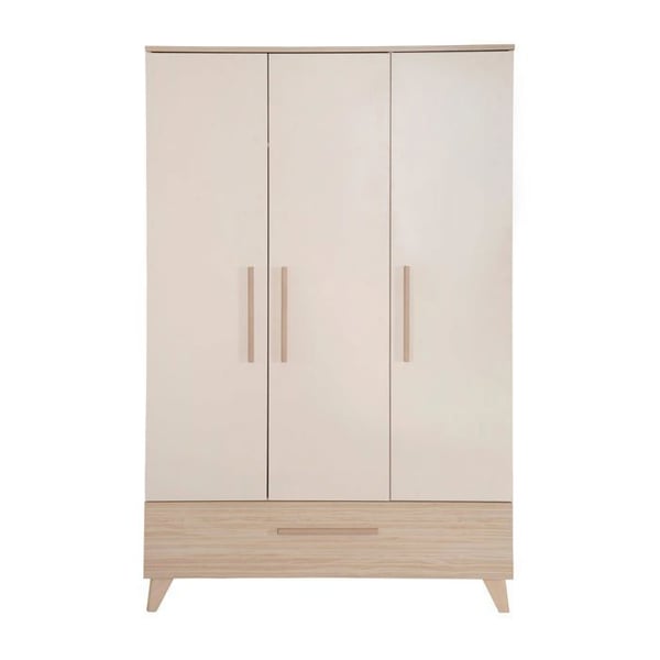 ROBA Barnskåp Sidney - 3 Dörrar + 1 Låda - Handtag och Ben i Massivt Trä - Beige / Ek Dekor