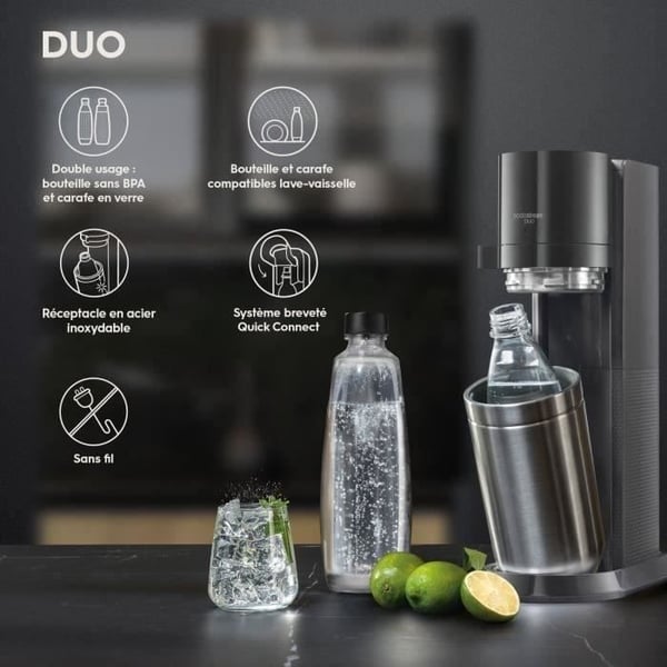 Maskin för läsk och kolsyrat vatten SODASTREAM - DUO Svart - 2 flaskor som är diskmaskinssäkra + 1 gaspatron 60L