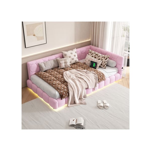 Seng til dagbrug, 90*200 cm (uden madras), ambientelys 16 farver, USB-interface, simili-ulld, rosa