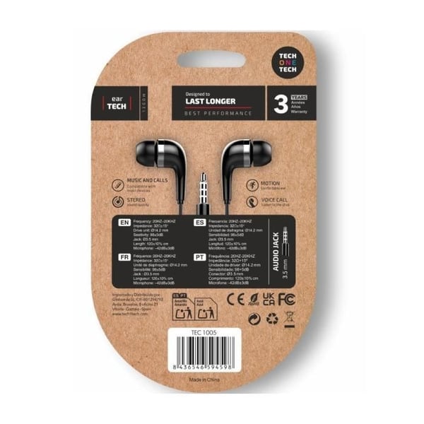 TECH ONE soft earTECH TEC1005 - In-ear hörlurar med mikrofon Jack 3,5 mm - Svart