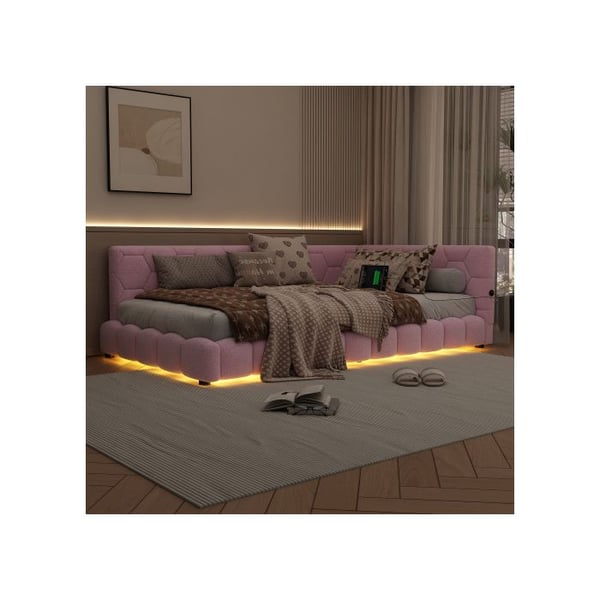 Seng til dagbrug, 90*200 cm (uden madras), ambientelys 16 farver, USB-interface, simili-ulld, rosa