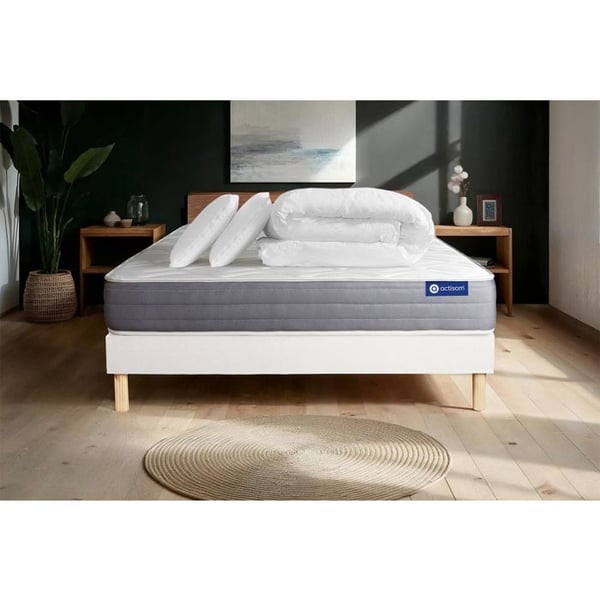 Komplett sängpaket 200x200 cm - Madrass + Sängbotten Vit (i kit) + 2 kuddar + Täcke - Actiflex Dr