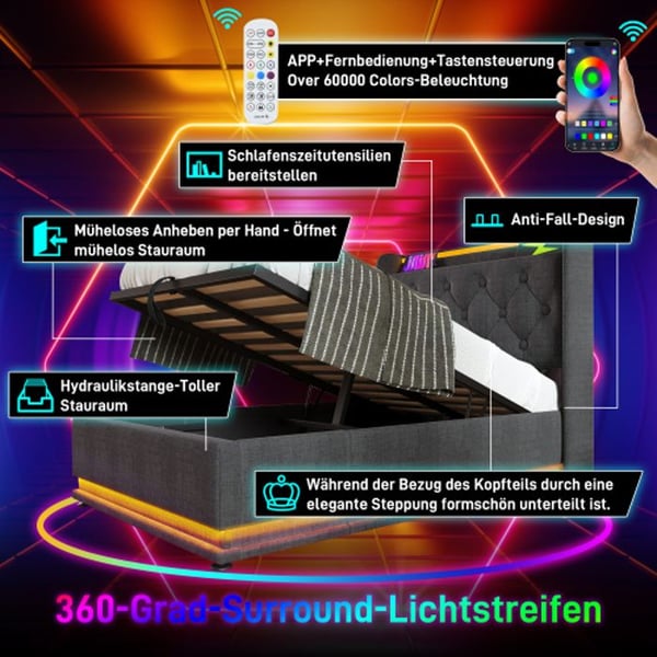 Hydraulisk camping seng - 90x200 cm - Grå linned - 360 LED belysning - USB Type-C opladning